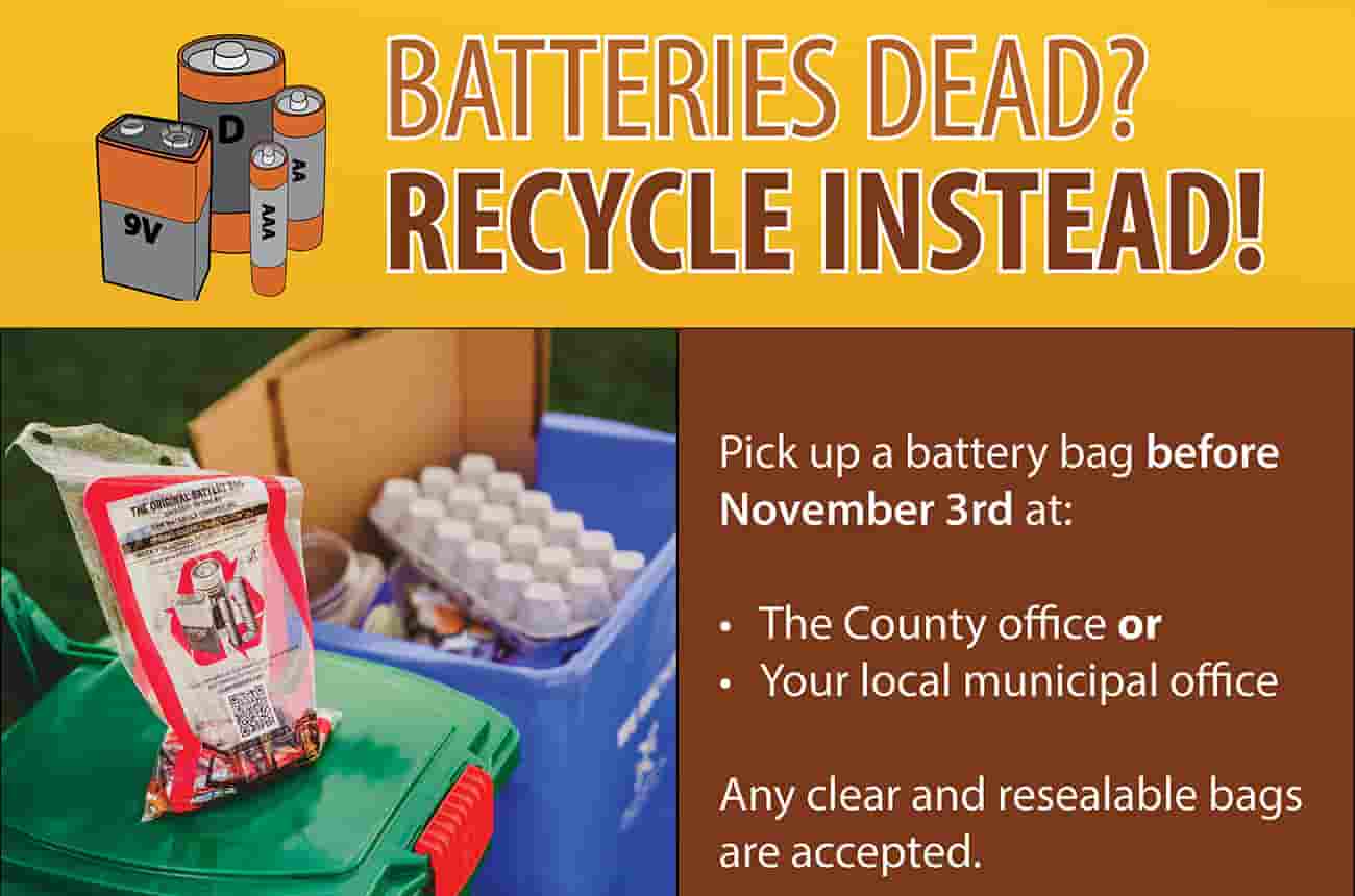 Curbside Battery Collection Promotional Graphic with information about picking up a battery bag before November 3