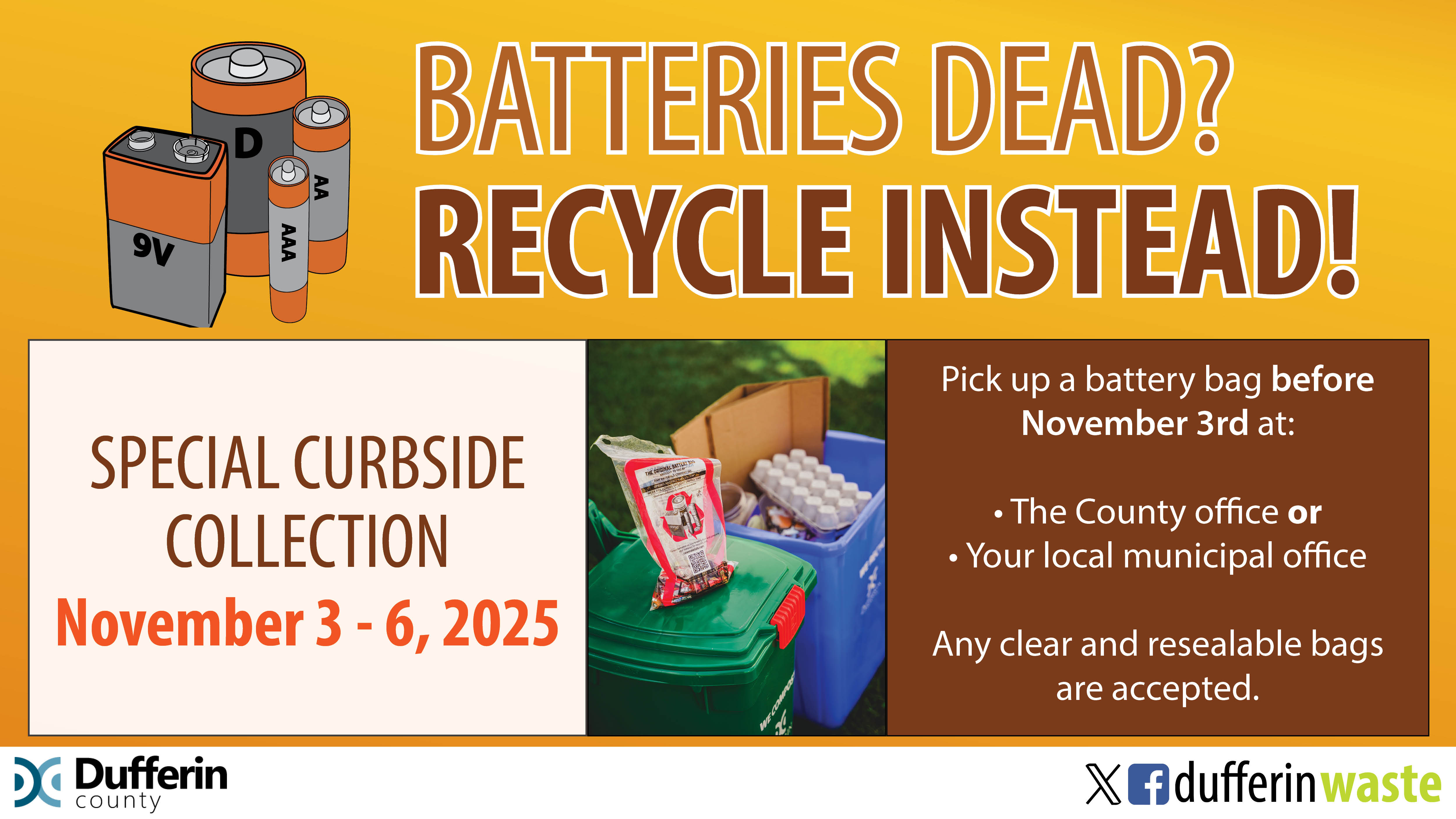 Curbside Battery Collection Promotional Graphic with information about picking up a battery bag before November 3
