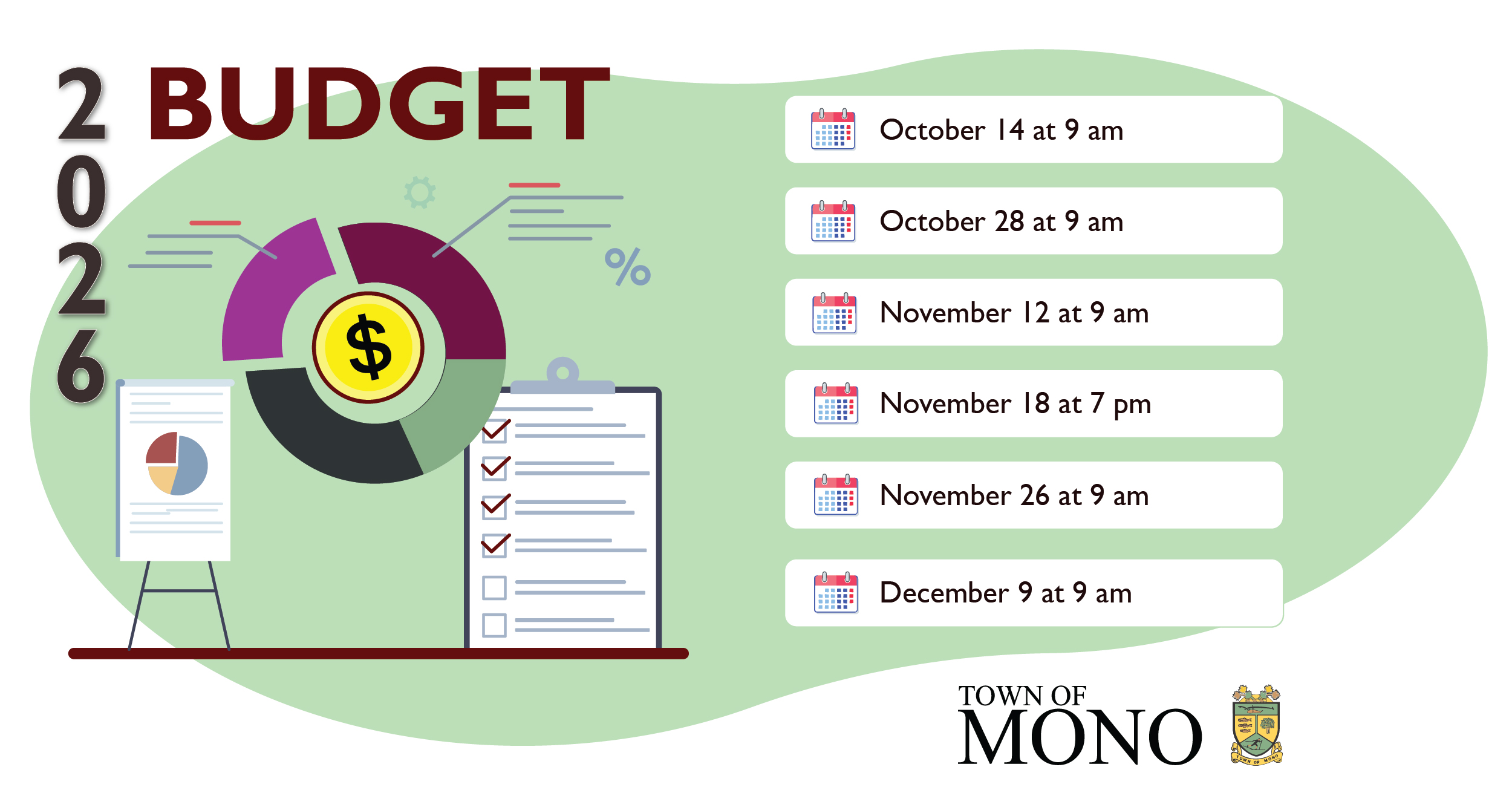 Budget promotional graphic with the six budget meeting dates