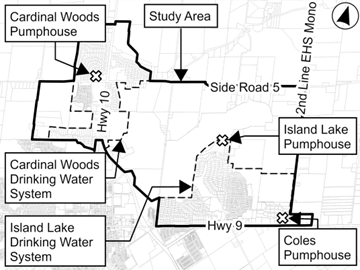 Map showing the Cardinal Woods pumphouse, study area, Island Lake pumphouse, Coles pumphouse, Island Lake Drinking Water System, and Cardinal Woods Drinking Water System