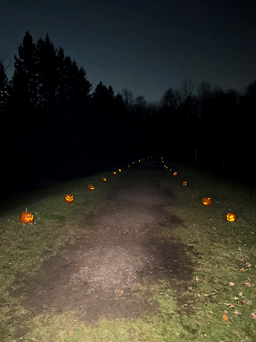 Jack-o-lanterns on a wide open trail