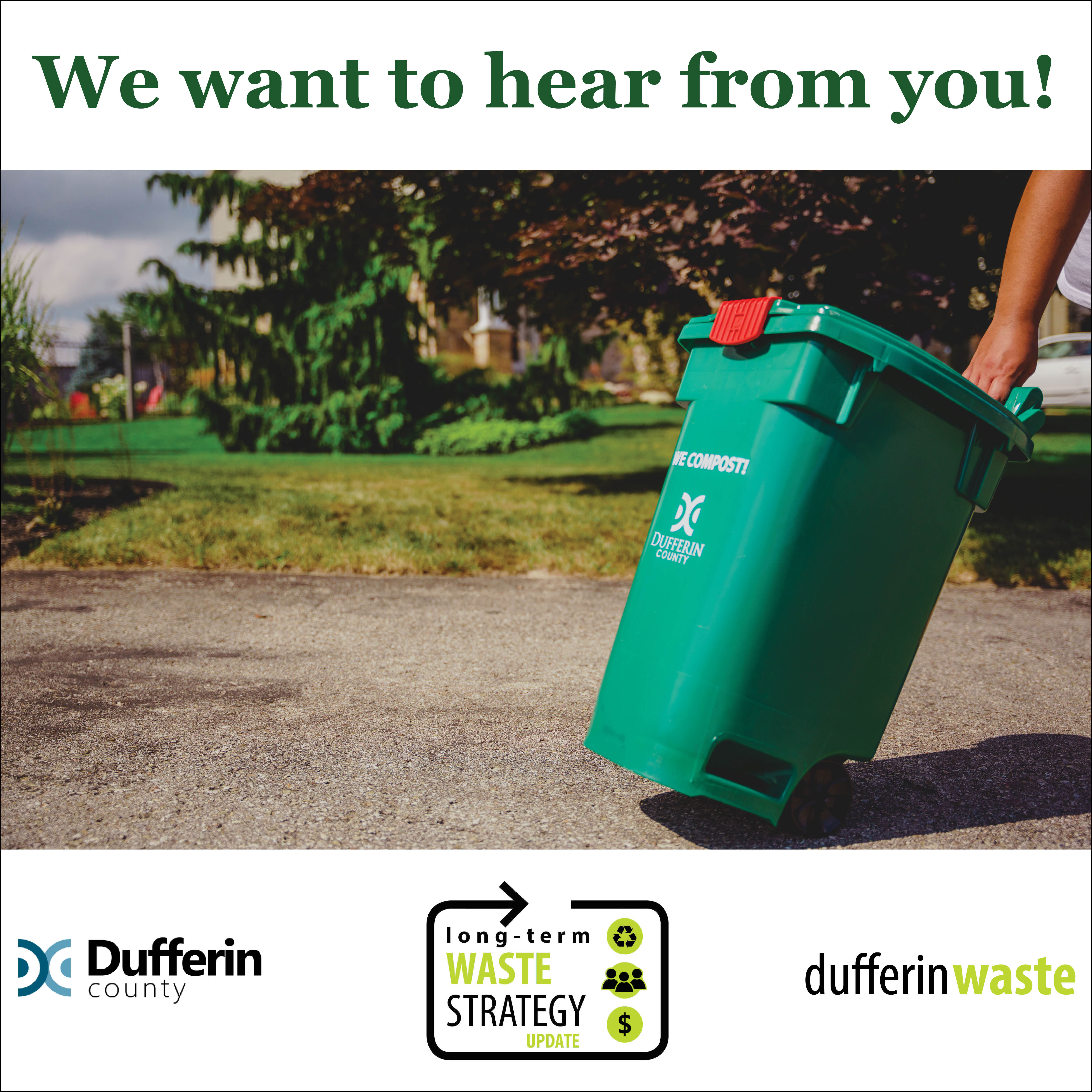 Dufferin County Waste Long-Term Waste Management Strategy Promotional Graphic Showing a person wheeling a Dufferin County Compost Bin