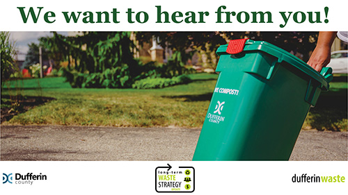 Dufferin County Waste Long-Term Waste Management Strategy Promotional Graphic Showing a person wheeling a Dufferin County Compost Bin
