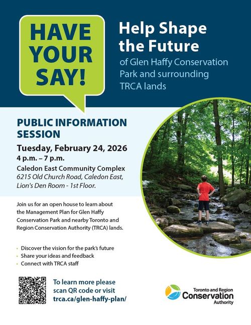 Public Information Session poster for TRCA's open house about the management plan for Glen Haffy Conservation Park and nearby Toronto and Region Conservation Authority lands.