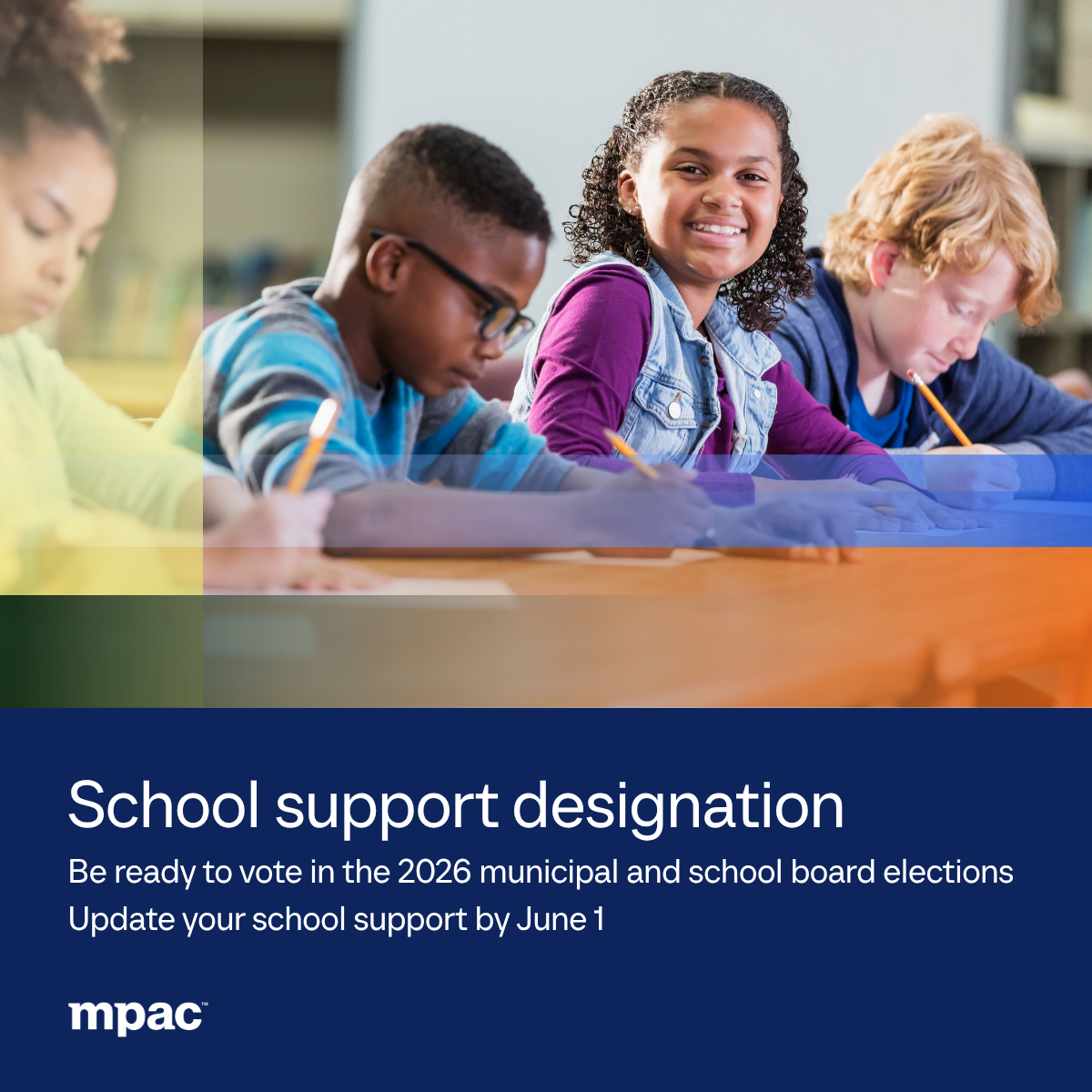 School Support Designation showing four kids with pencils in a school environment