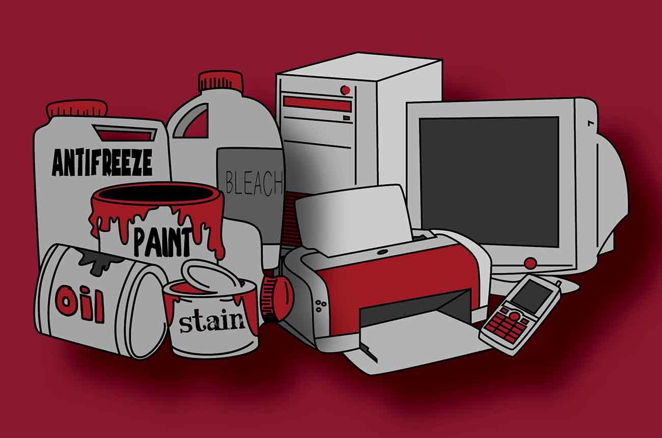Graphic showing examples of hazardous and electronic waste. Some items pictured: computer, printer, paint, oil, cleaning products