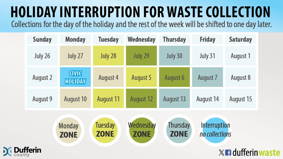 Calendar of waste collection days showing an interruption during the week of the 2026 Civic Holiday (August 3 to 7)