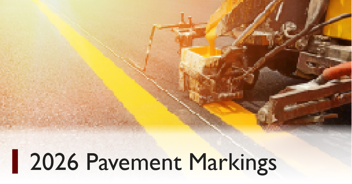 Pavement Markings being done on a road. Text: 2026 Pavement markings