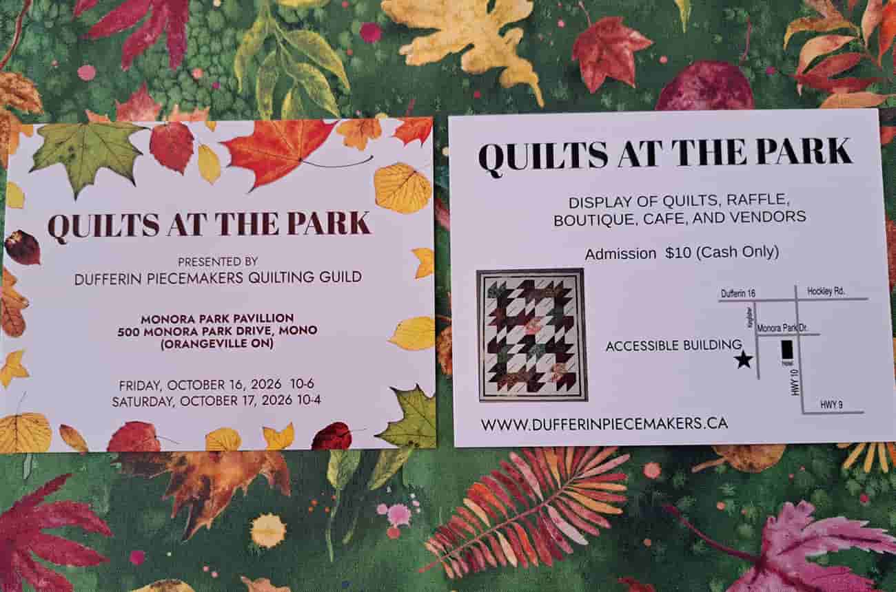 Quilts at the Park promotional graphic showing two promo postcards in a fall setting