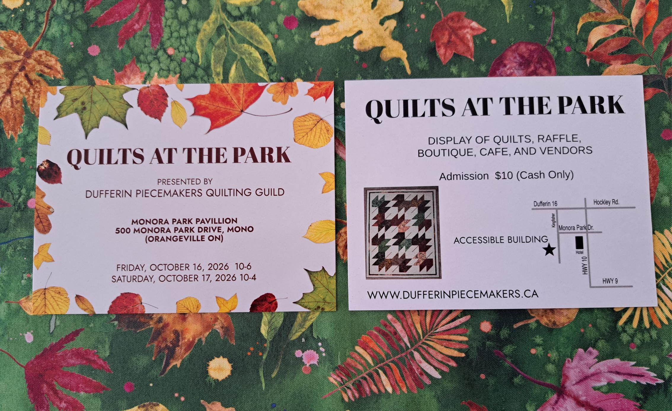 Quilts at the Park promotional graphic showing two promo postcards in a fall setting