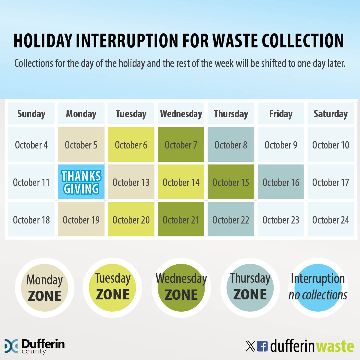 Graphic showing the waste collection for the week of October 12 – 16