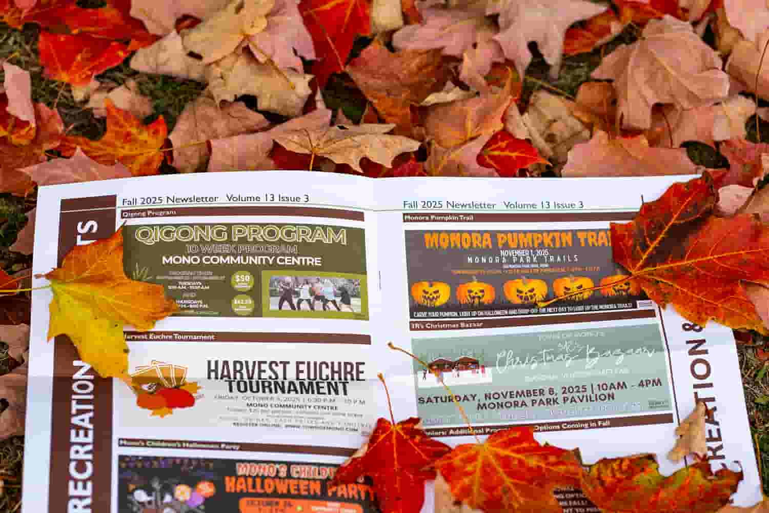 2025 Fall Newsletter in a pile of leaves, open to the recreation and events section.