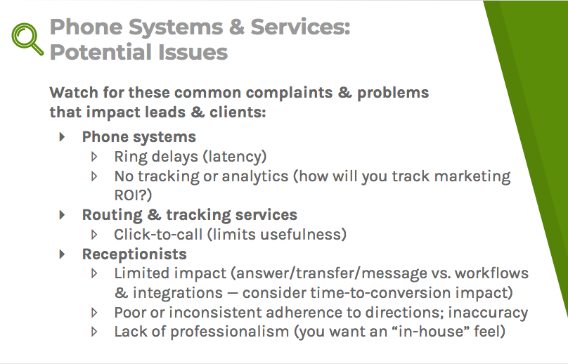 Common complaints for phone systems, routing and tracking services, and receptionists