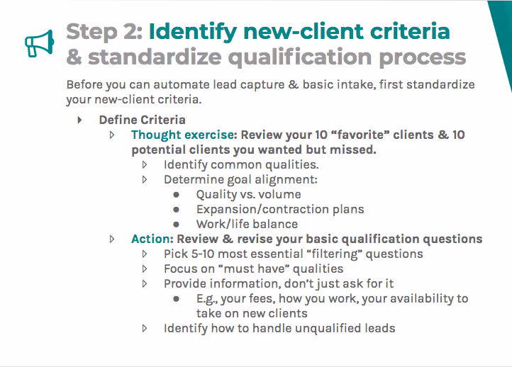 Identify new client criteria and standardize qualification process
