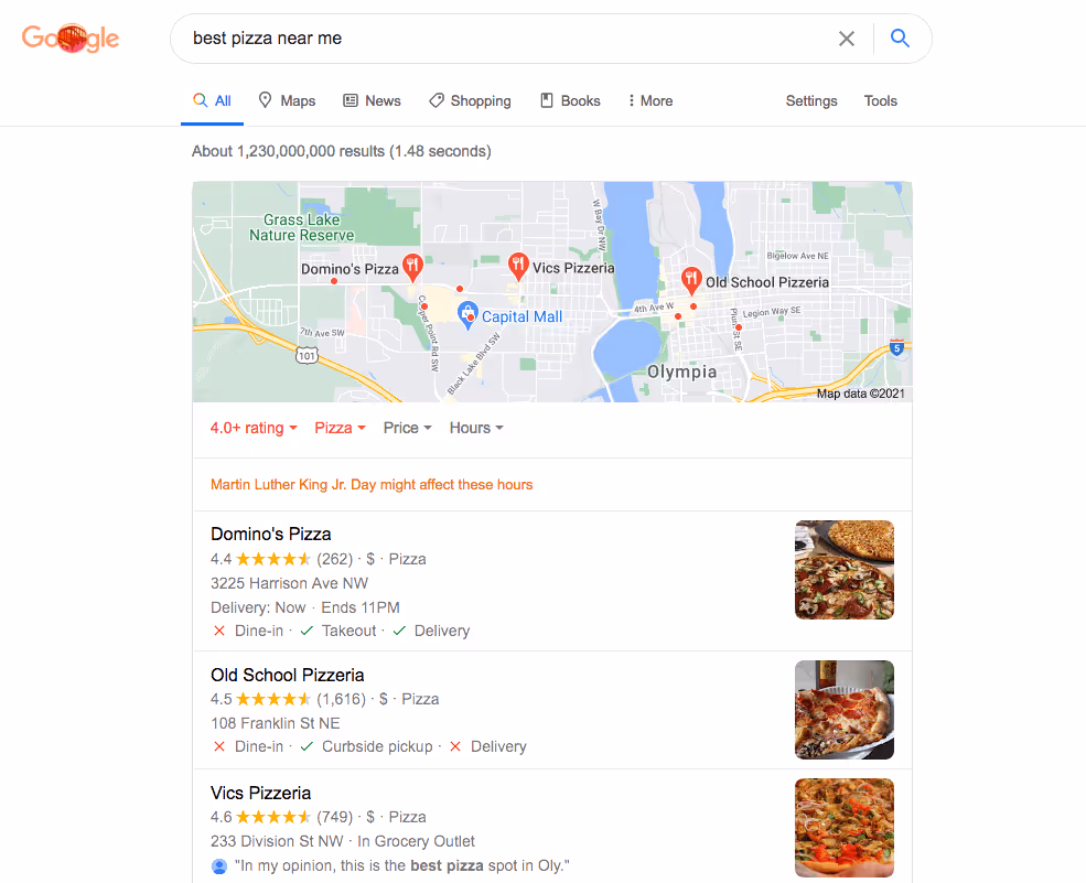 Example of what a local three-pack looks like and where you can find it on Google