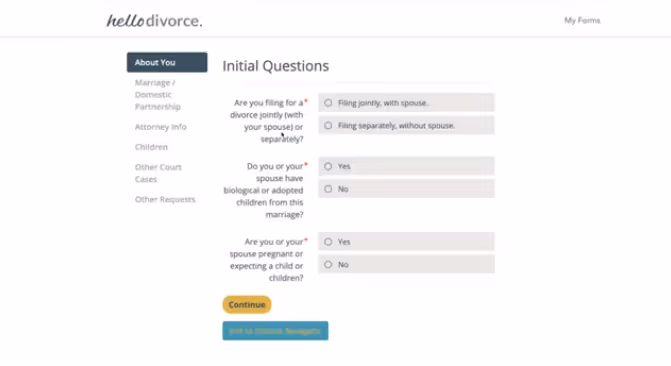 HelloDivorce intake questionnaire page