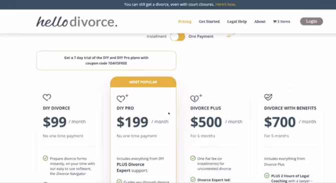 HelloDivorce plans and pricing