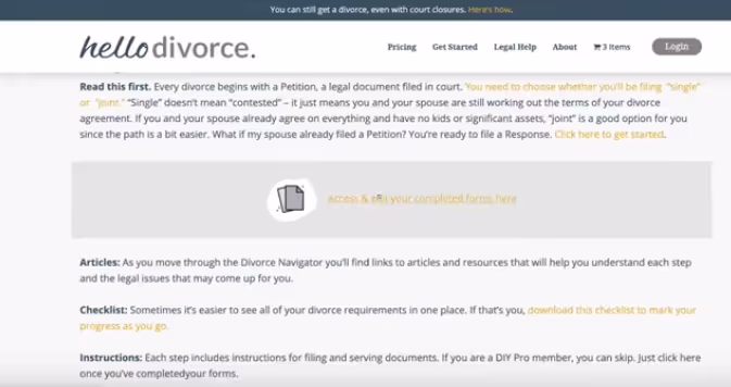 HelloDivorce access or edit forms page