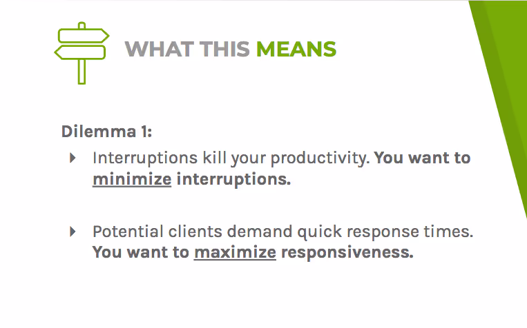 Dilemma one says interruptions kill productivity and potential clients want quick responses