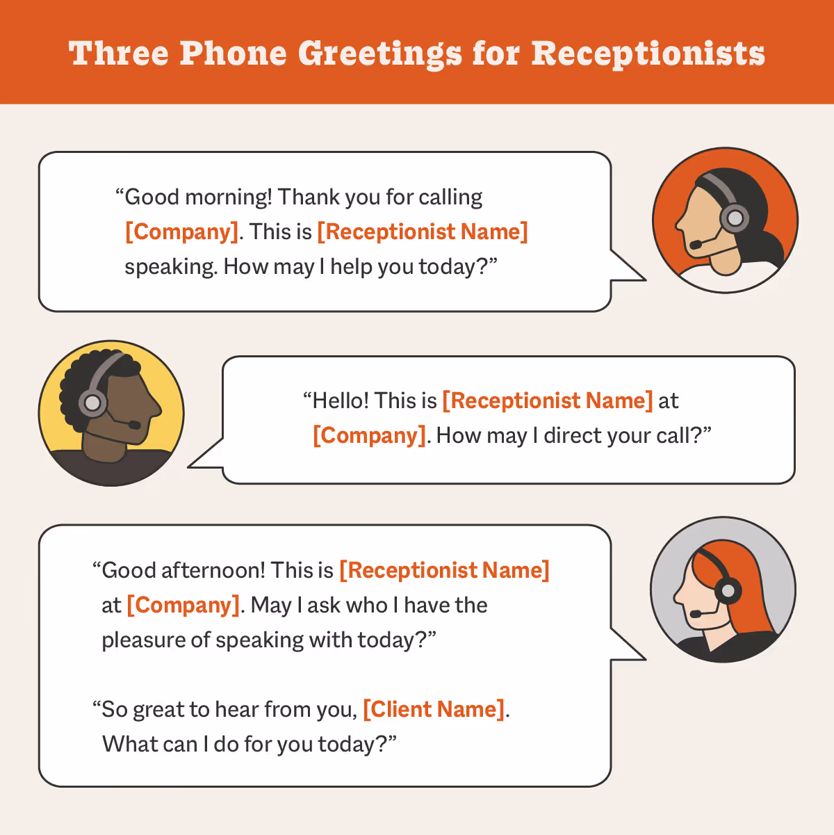 3 phone greetings for receptionists answering calls