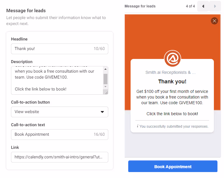Facebook ad completion pagescreenshot