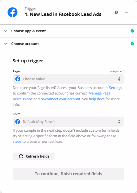 Set up your Facebook Lead Ads Zap trigger