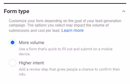 Facebook ad form type screenshot