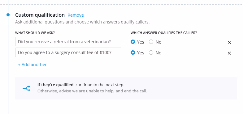 AI Receptionist custom qualification with yes/no questions from Smith.ai