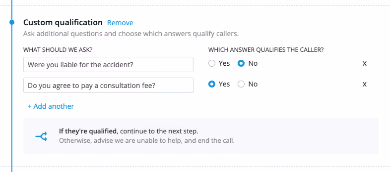 Custom yes/no lead qualification from AI Receptionist from Smith.ai