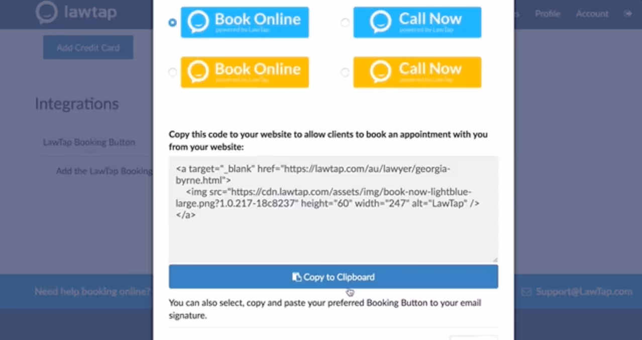 "Book Online" button page screenshot from LawTap