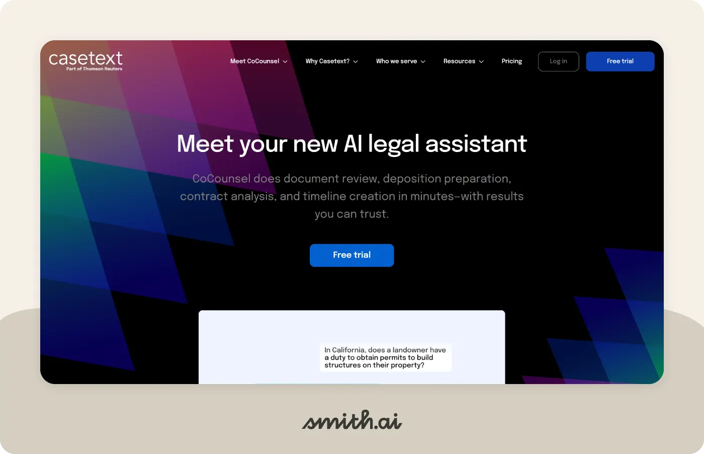 Screenshot of Casetext homepage.