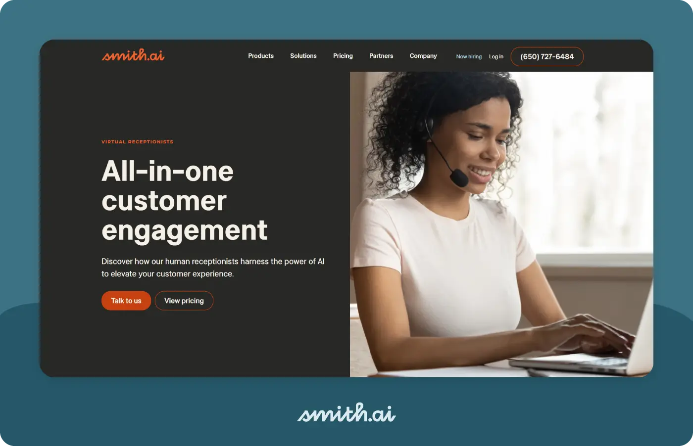 Image of Smith.ai virtual receptionist service landing page.