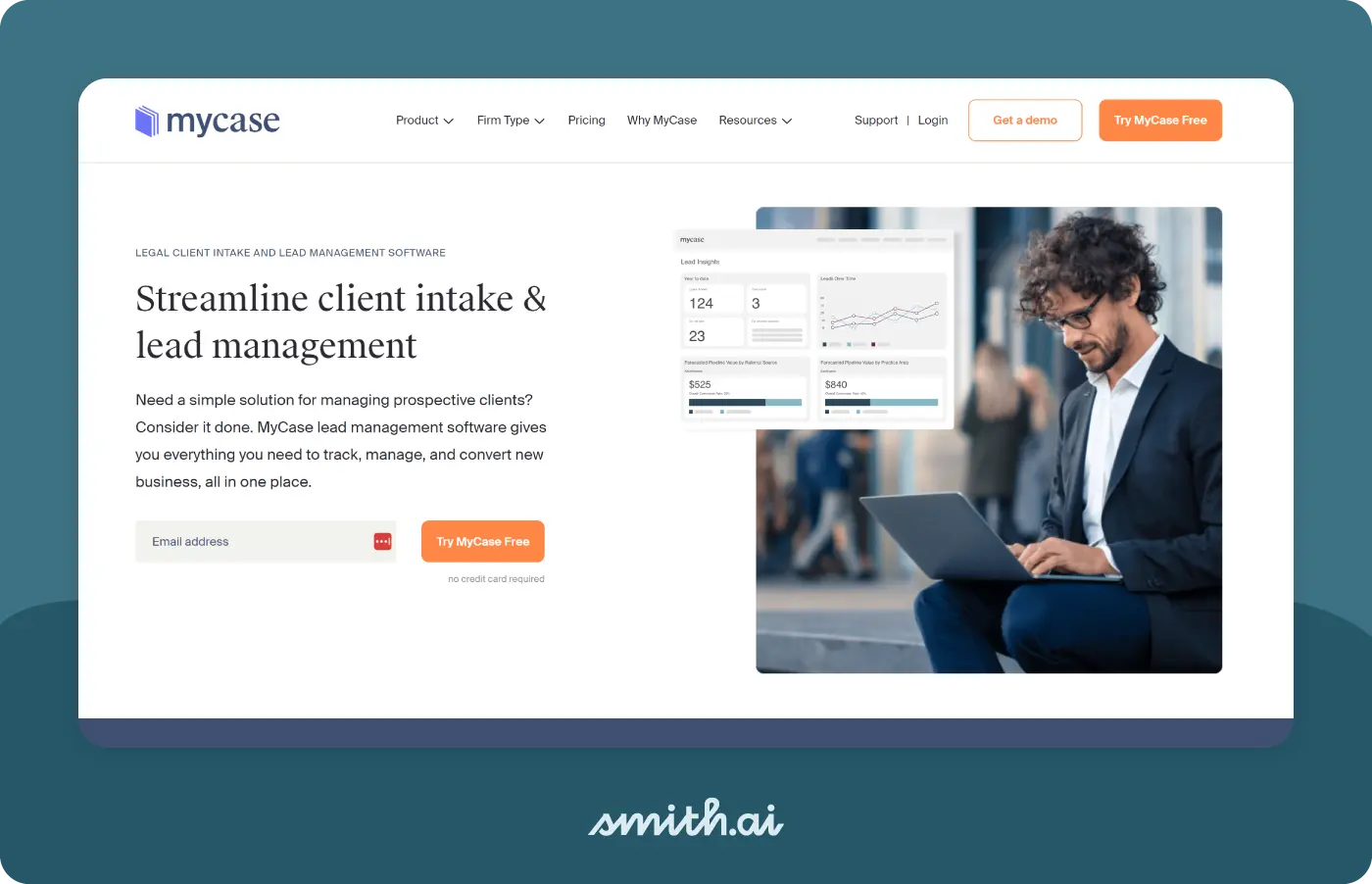 Image of MyCase landing page for their client intake and lead management software product.