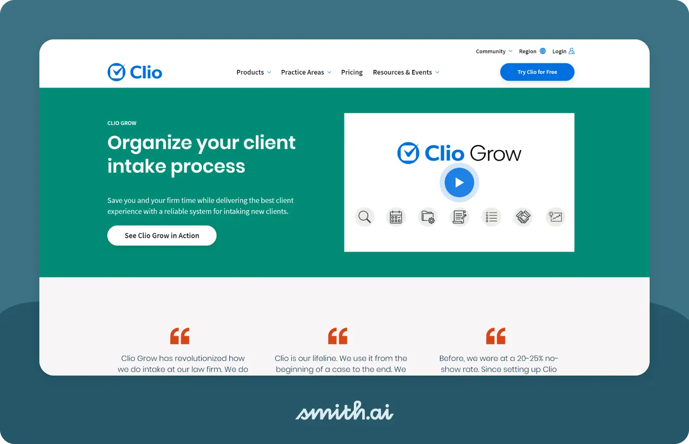Image of the Clio Grow landing page for their client intake software.