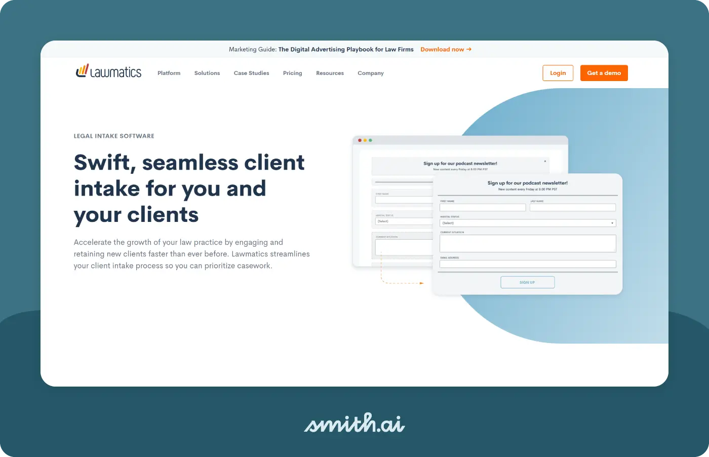 Image of the Lawmatics landing page for their legal intake software.