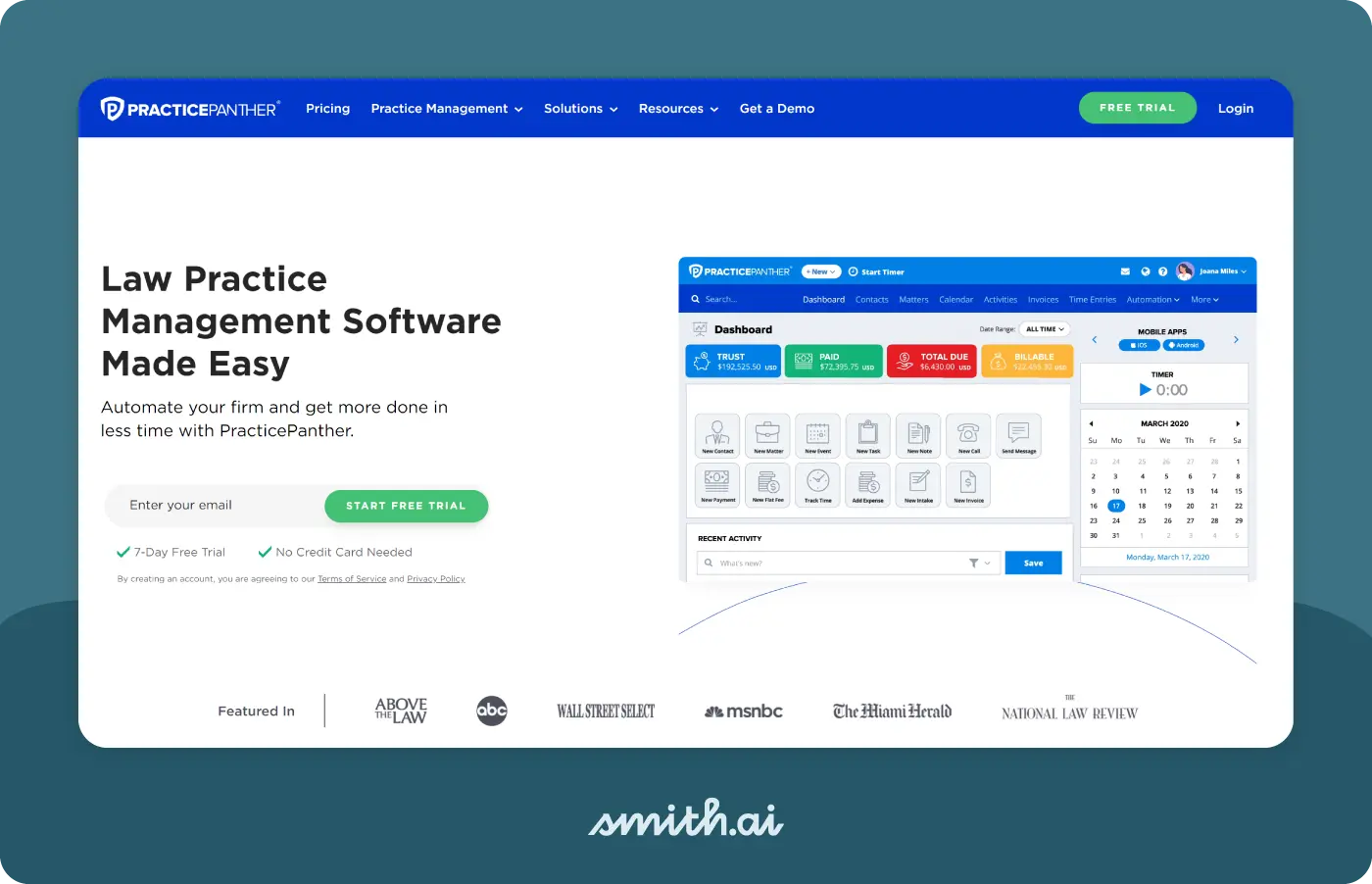 Image of the PracticePanther homepage for their law practice management software.