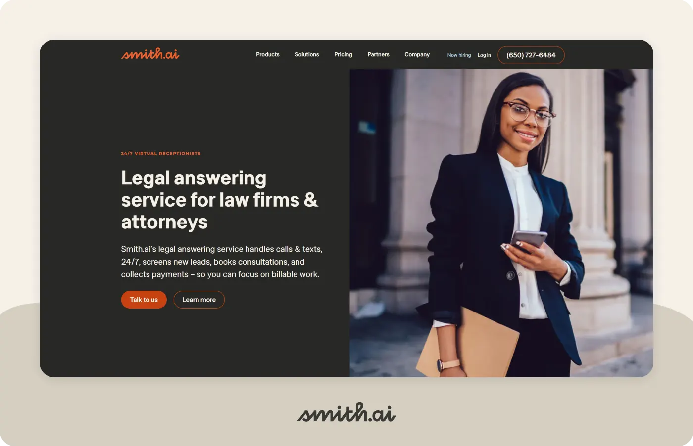 Screenshot of Smith.ai legal answering service landing page.