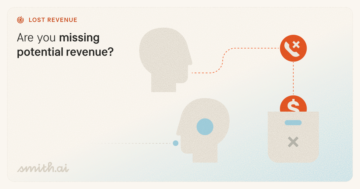 Illustration showing a silhouette of a person whose attempted call — represented by a dashed orange line to a orange phone icon with an X — leads to a lost dollar coin dropping into a bag marked with an X, symbolizing missed calls turning into lost revenue.