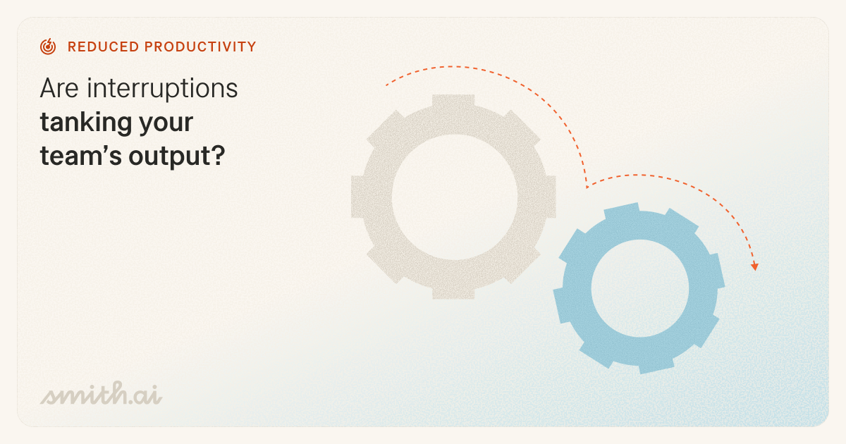 Illustration of two interlocking gears — one large and gray, one smaller and blue — with a dashed orange arrow curving downward between them, representing how constant interruptions reduce team productivity and output.
