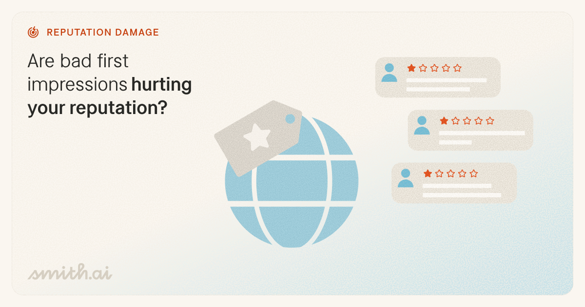 Illustration of a blue globe with a star tag alongside three customer review cards, each showing a one-star rating out of five, representing how poor first impressions can damage a business's online reputation.