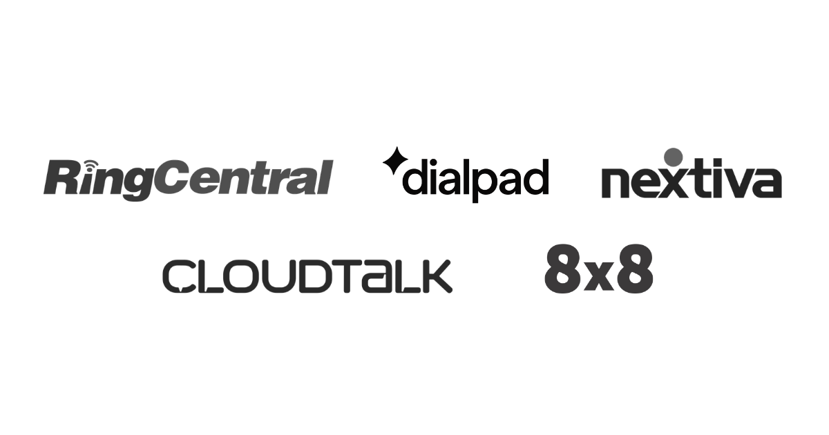 Five individual black and grey logos, representing common VoIP platforms for law firms, including RingCentral, dialpad, nextiva, cloudtalk, and 8x8.