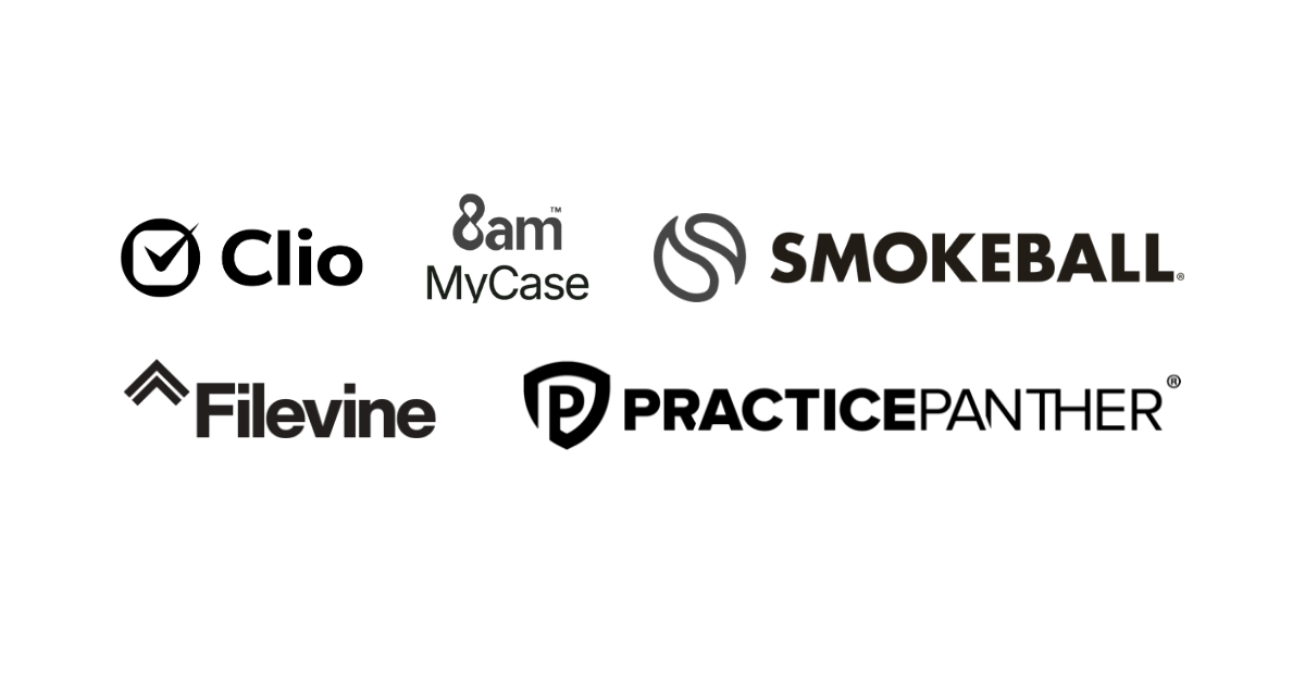 Five individual black and grey logos, representing common legal practice management software for law firms, including Clio, 8am MyCase, Smokeball, Filevine, and PracticePanther.