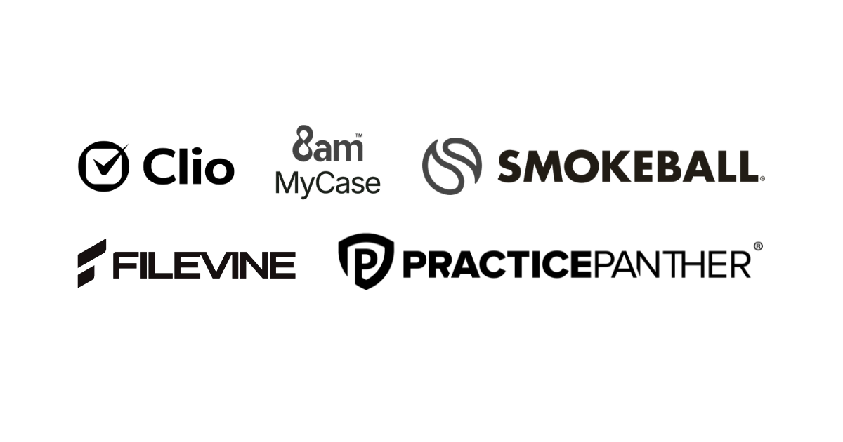 Five individual black and grey logos, representing common legal practice management software for law firms, including Clio, 8am MyCase, Smokeball, Filevine, and PracticePanther.