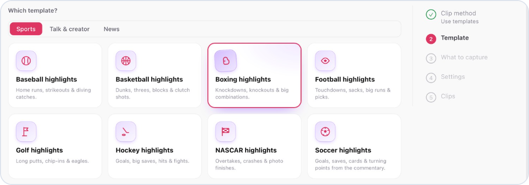 enCue Clip finder template picker: Sports templates for baseball, basketball, boxing, football, golf, hockey, NASCAR and soccer highlights, with Boxing selected