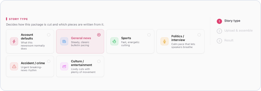 enCue News package setup: story types General news, Sports, Politics or interview, Accident or crime, and Culture or entertainment, each with its own pacing