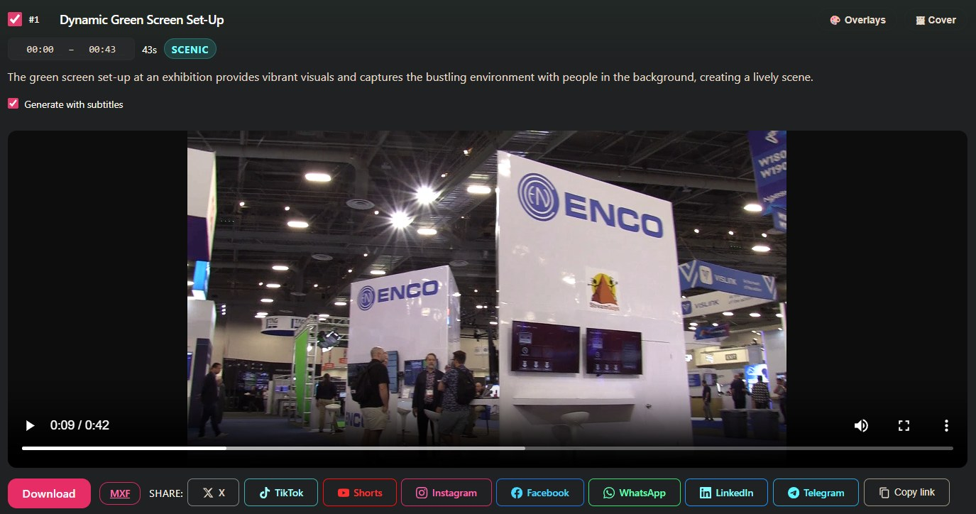 enCue Clip finder showing a 43 second clip it picked from booth footage, with Download, MXF export and one click sharing to X, TikTok, Shorts, Instagram, Facebook, WhatsApp, LinkedIn and Telegram