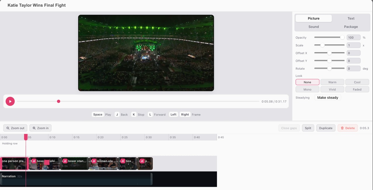 enCue news package editor for a boxing story: video preview, Picture settings with Look presets and a Make steady button, and a timeline with matched fight footage above a separate narration track