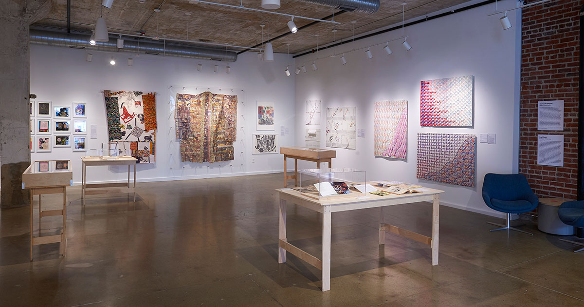 Inside of the Bresler Family Gallery with exhibits.