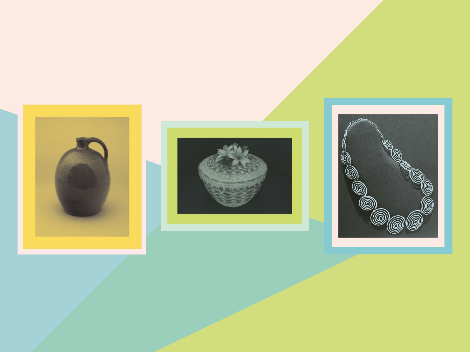 Images of a jug, a basket, and a silver necklace on a colorful background