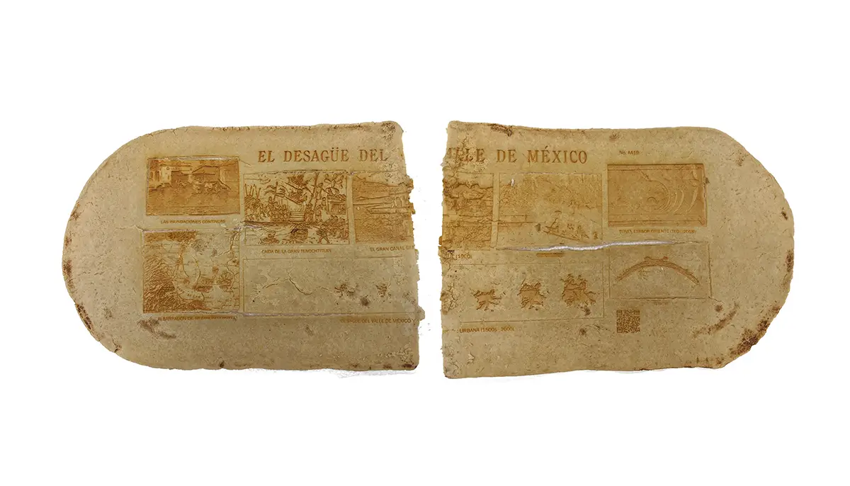 Alvaro Azcárraga, "Monografía," 2019, laser-etched tortilla, 1 m × 0.5 m × approx. 1–3 cm thick. Courtesy of the artist.